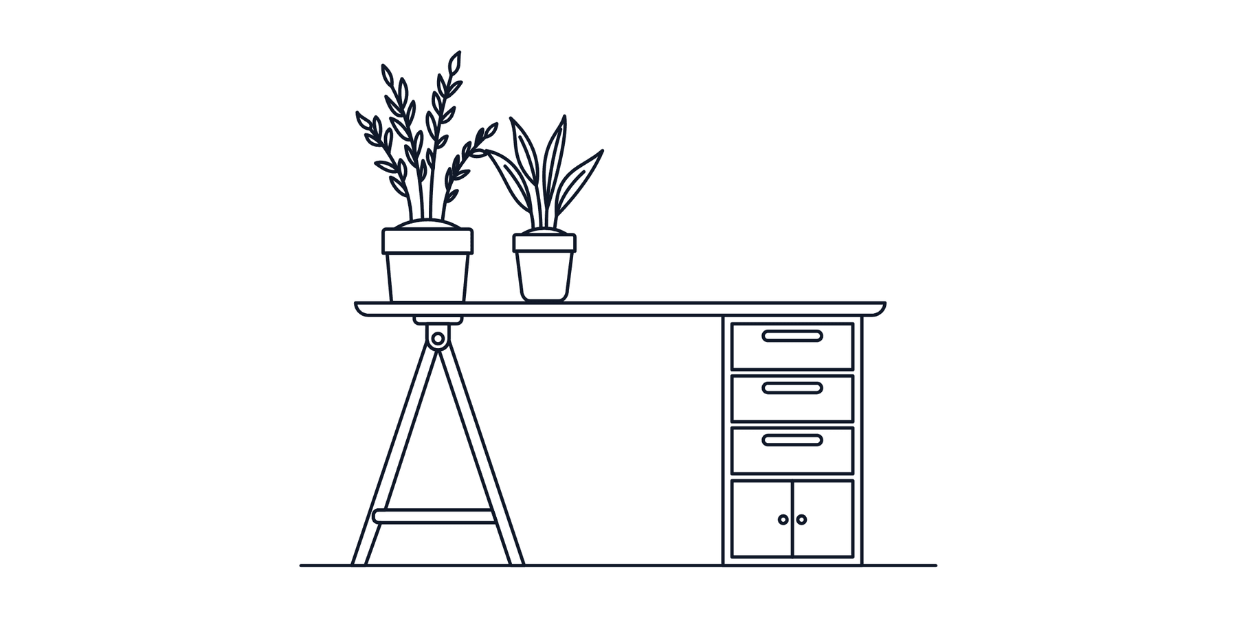 Black and white image of an office desk with two plants on top of it but no chair