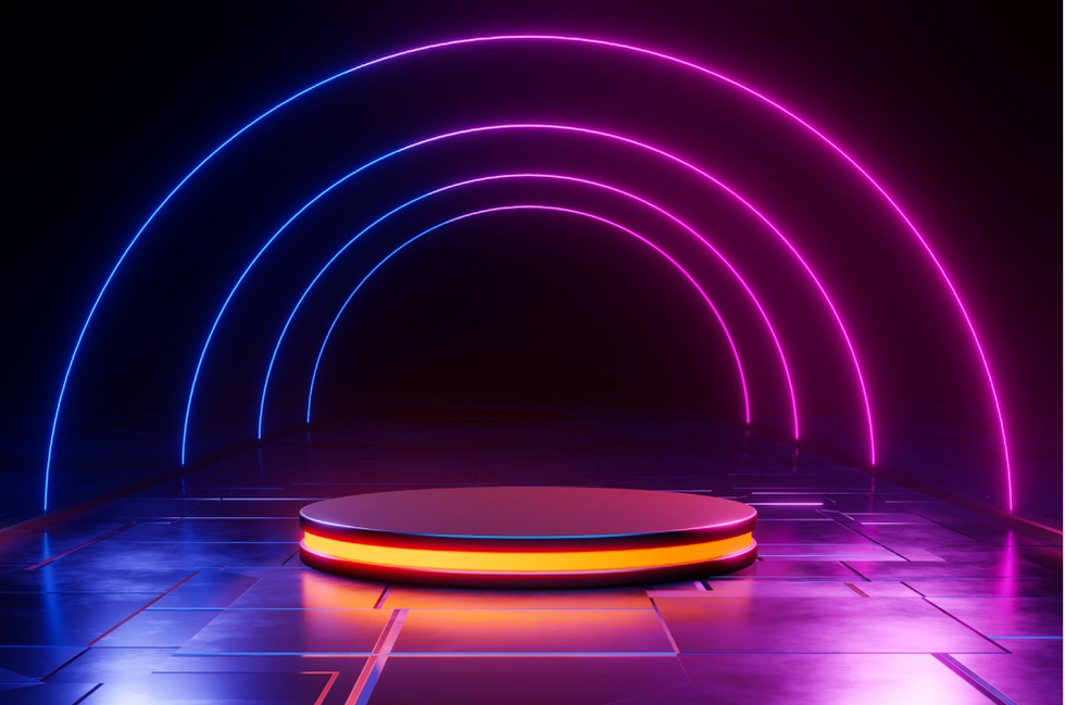 blue and purple neon lights arched over a glowing button