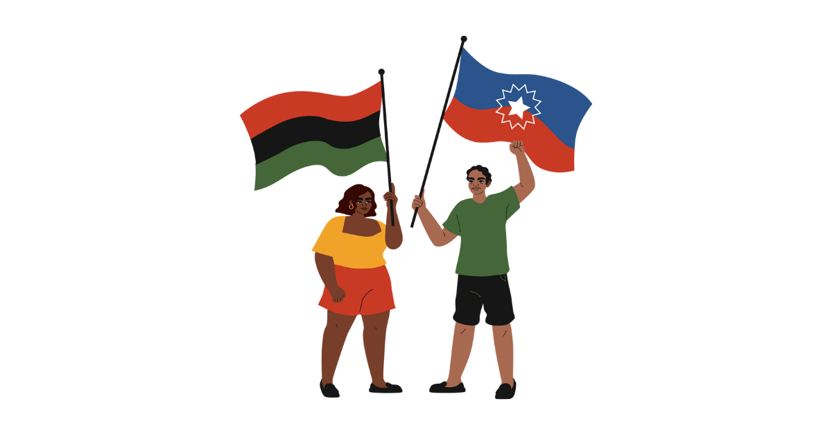 Cartoon image of a Black woman holding a Pan-African flag and a Black man holding a Juneteenth flag