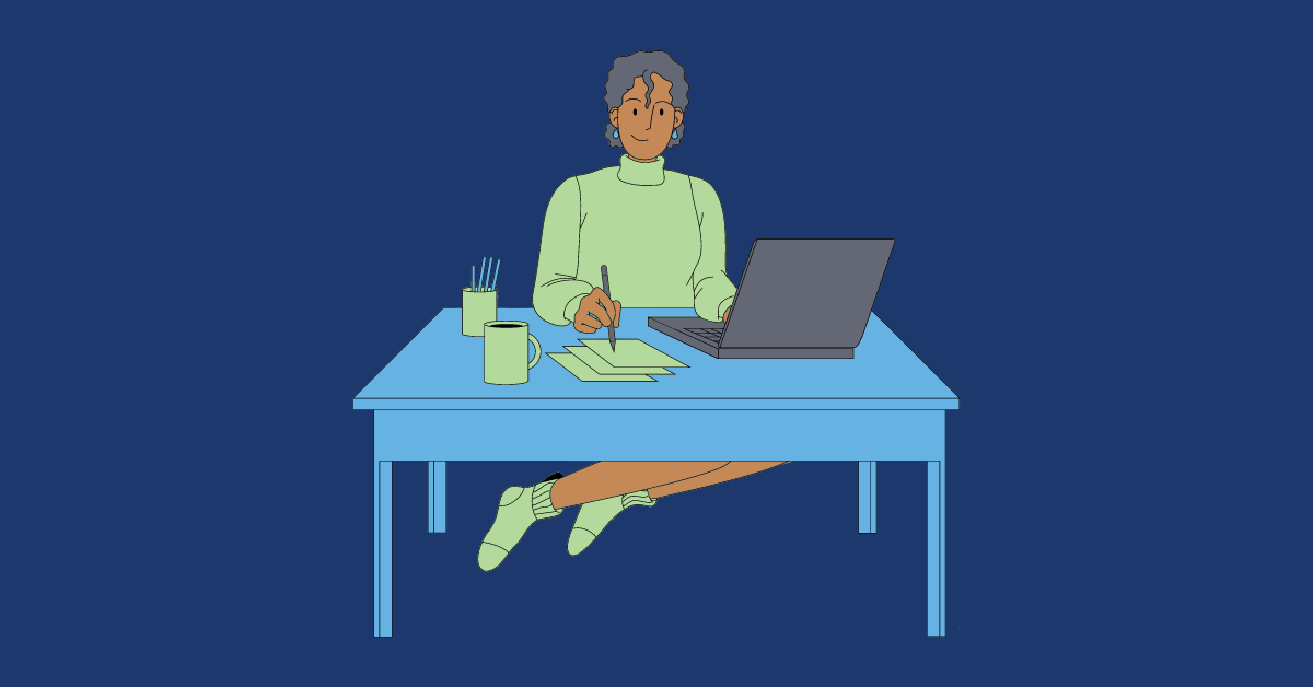 Cartoon image of a Black woman with gray hair smiling and working remotely 