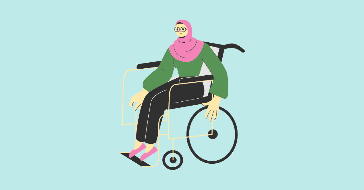 Cartoon image of a disabled woman wearing a hijab in a wheelchair at work