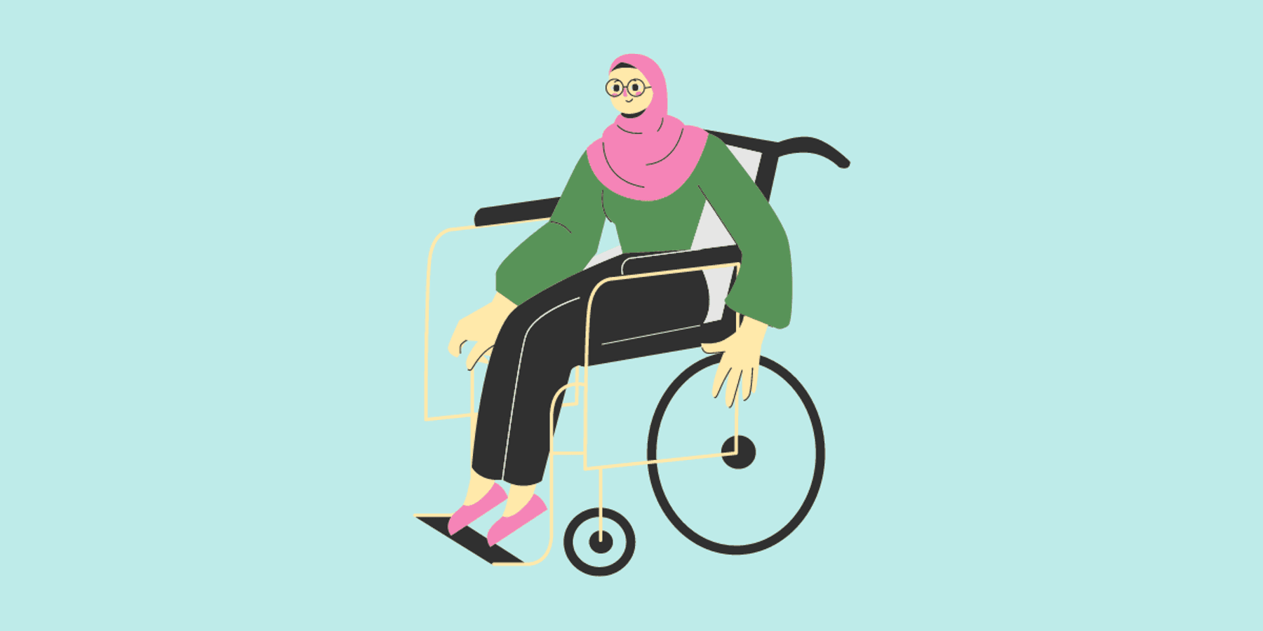 Cartoon image of a disabled woman wearing a hijab in a wheelchair at work