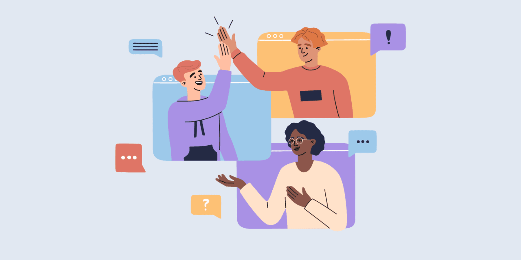 Cartoon image of a diverse group of colleagues high-fiving each other while completing virtual DEIB training