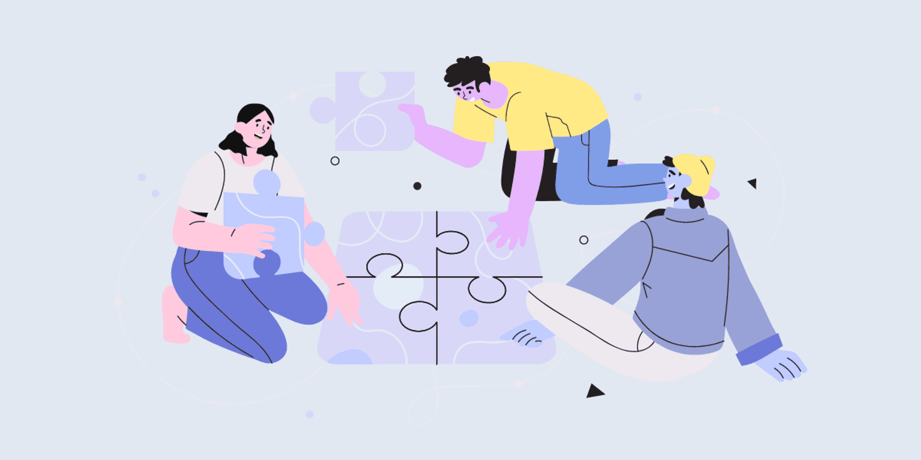 Cartoon image of a diverse group of colleagues putting together a large puzzle