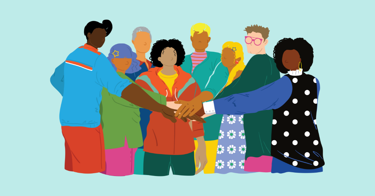 Cartoon image of a diverse group of coworkers all putting their hands in for a high-five and working together