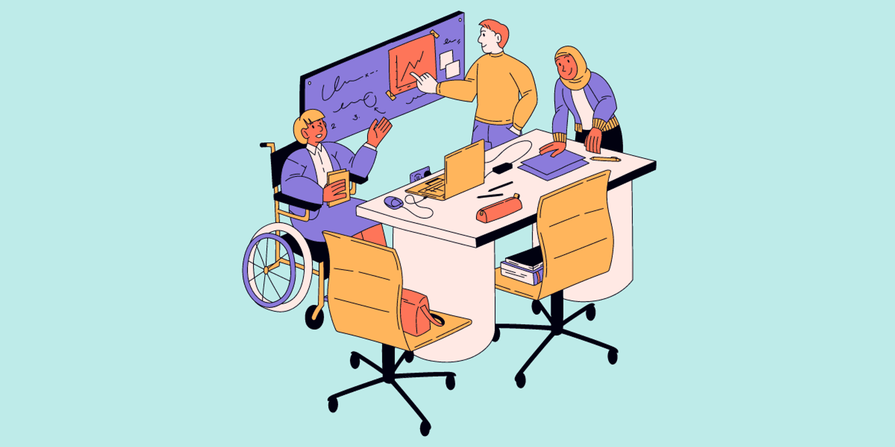 Cartoon image of a diverse group of coworkers completing a course