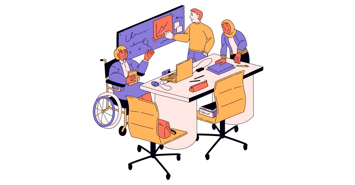 Cartoon image of a diverse group of coworkers participating in a diversity and inclusion event at work