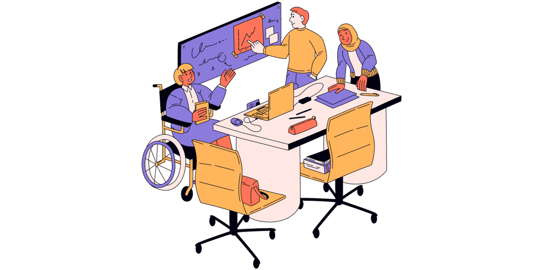 Cartoon image of a diverse group of coworkers participating in a diversity and inclusion event at work