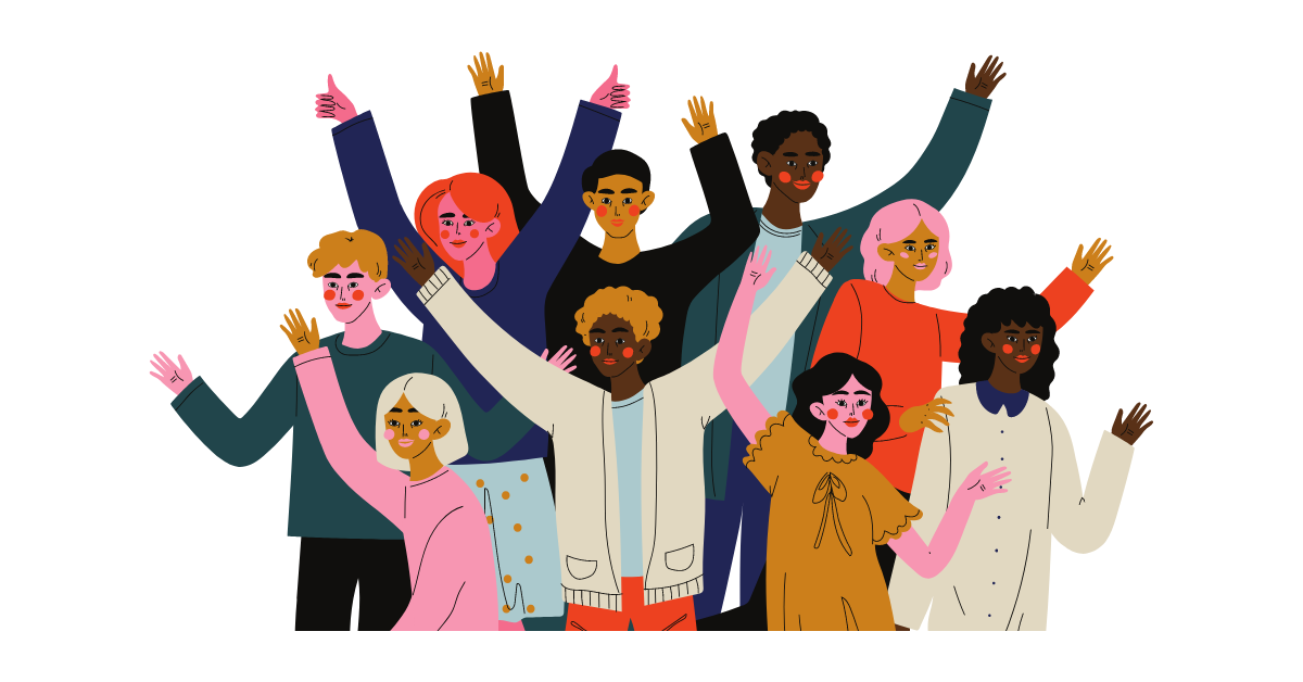 Cartoon image of a diverse group of happy workers having a good employee experience