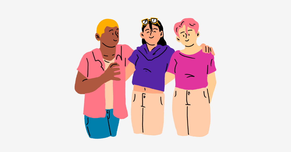 Cartoon image of a diverse group of LGBTQIA+ friends