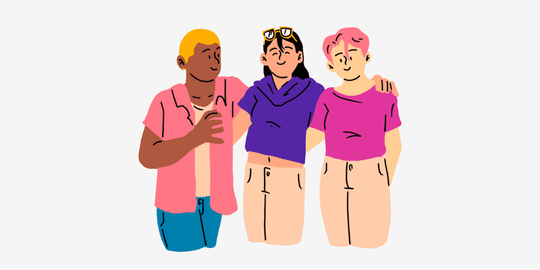 Cartoon image of a diverse group of LGBTQIA+ friends