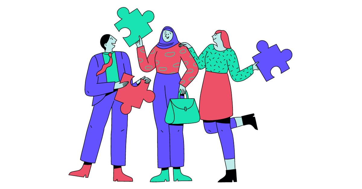 Cartoon image of a group of diverse coworkers each holding up a puzzle piece