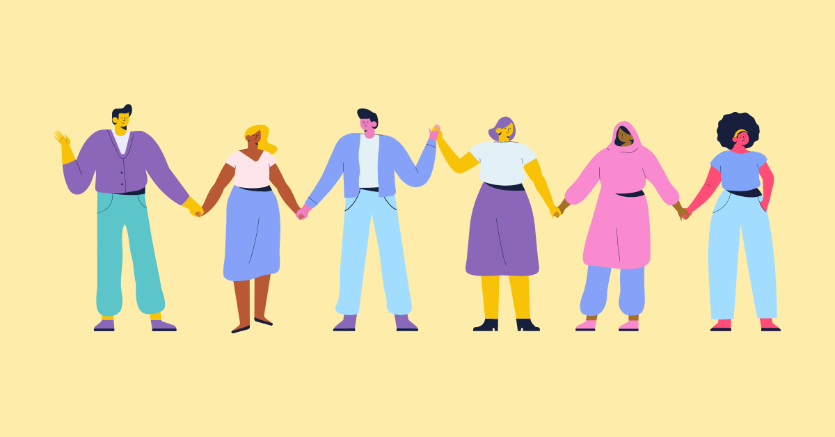 Cartoon image of a group of mixed and multiracial people standing together and holding hands
