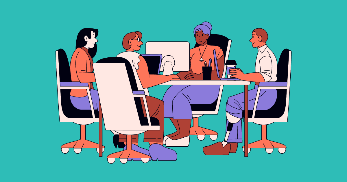 Cartoon image of a happy group of diverse coworkers who feel psychologically safe at work