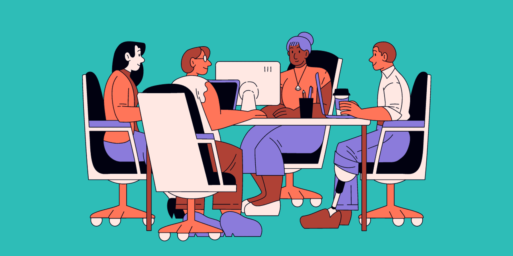 Cartoon image of a happy group of diverse coworkers who feel psychologically safe at work