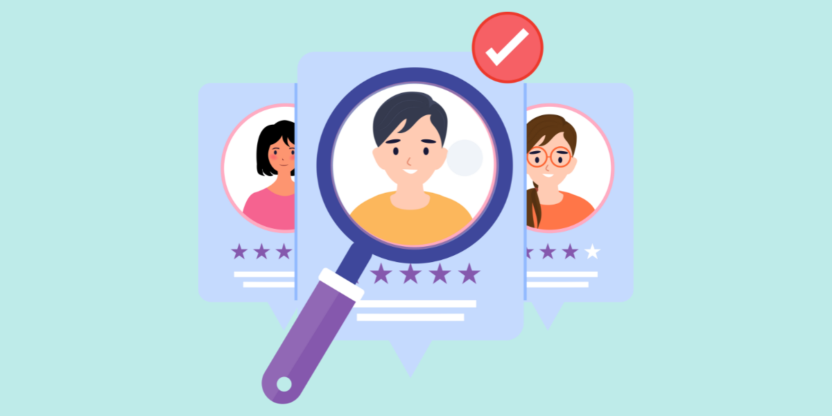 Cartoon image of a magnifying glass looking over three candidate profiles