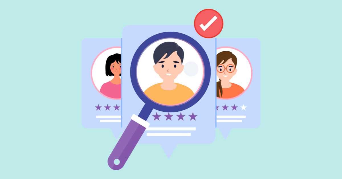 Cartoon image of a magnifying glass looking over three candidate profiles