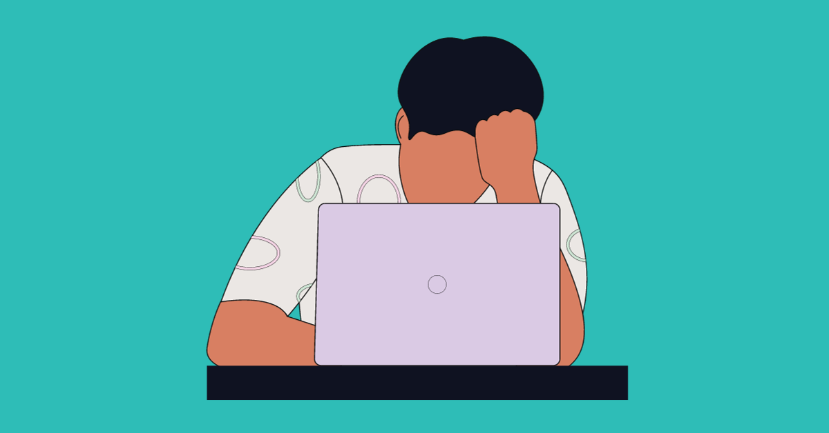 Cartoon image of a man in front of a laptop who appears stressed and upset at work