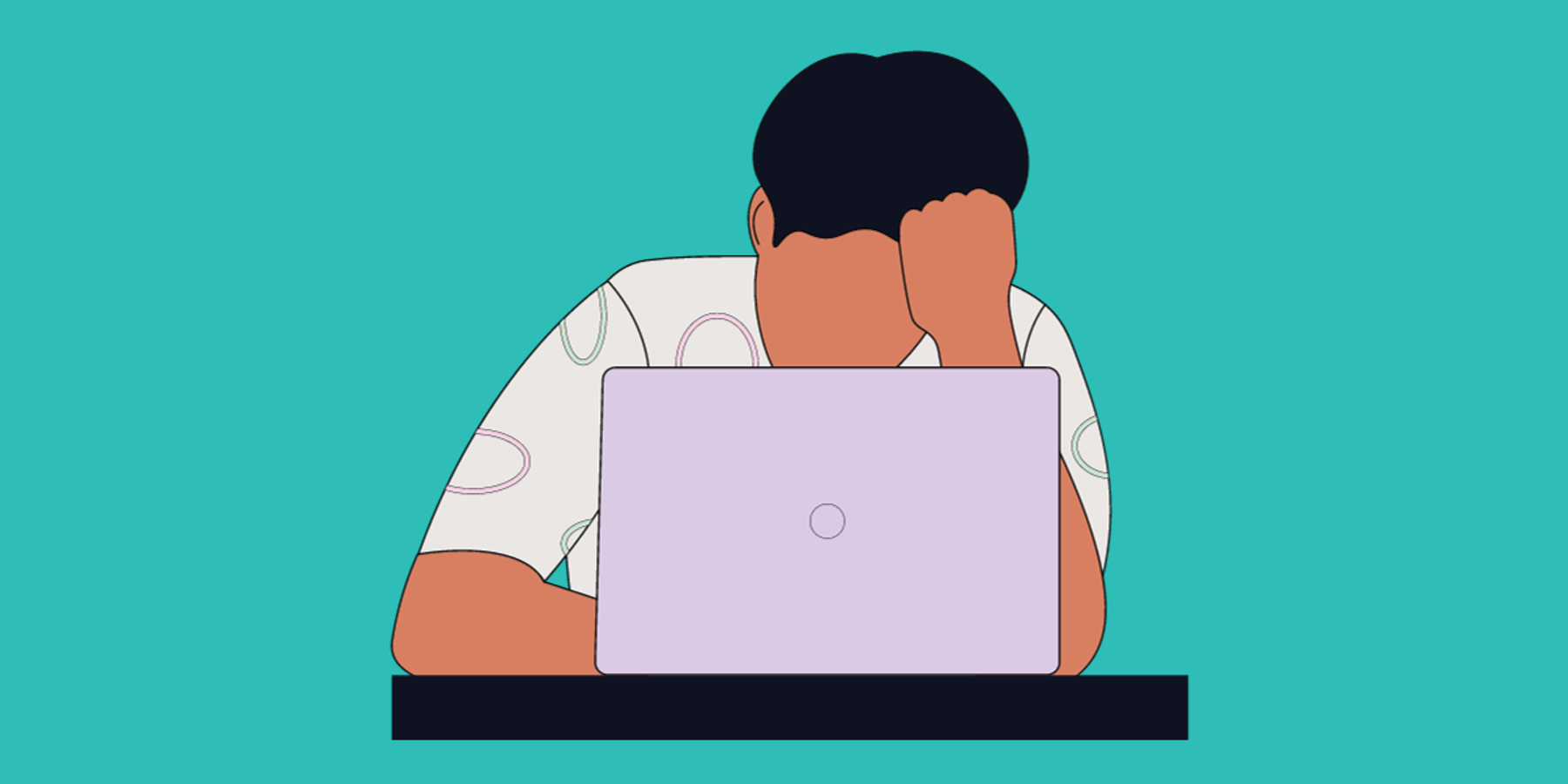 Cartoon image of a man in front of a laptop who appears stressed and upset at work