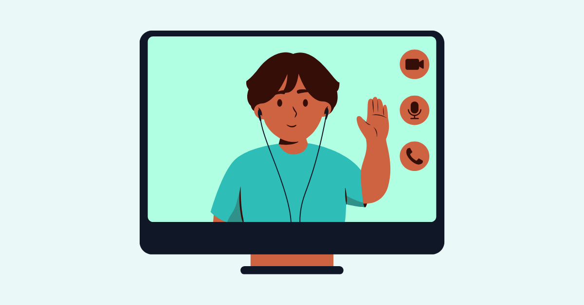 Cartoon image of a person wearing headphones and waving from a computer monitor with some icons to indicate this is a digital screen