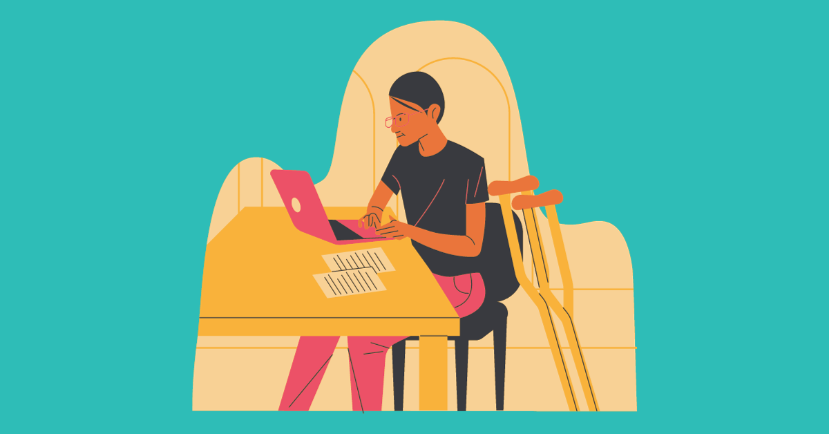 Cartoon image of a person with crutches on laptop researching high-income skills