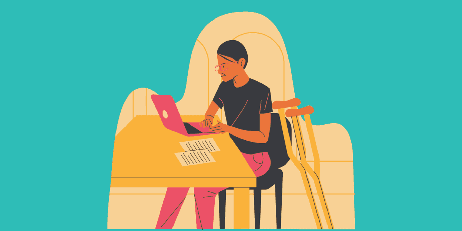 Cartoon image of a person with crutches on laptop researching high-income skills