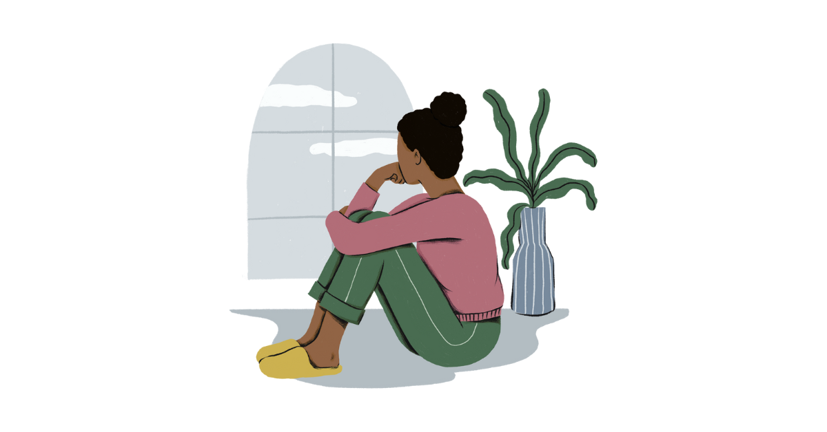 Cartoon image of a sad, contemplative woman looking out the window