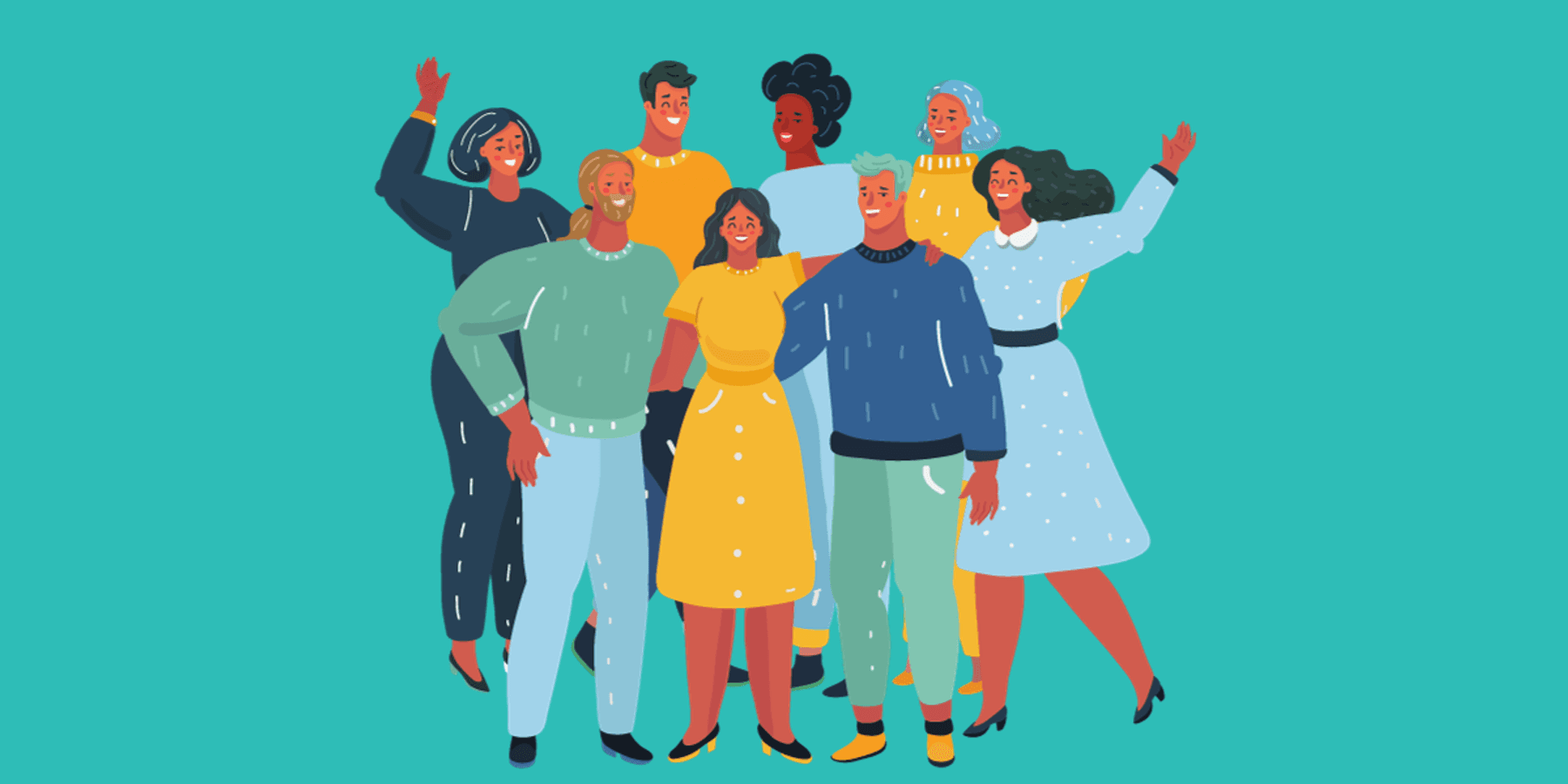 Cartoon image of a smiling group of coworkers who belong to the same Employee Resource Group