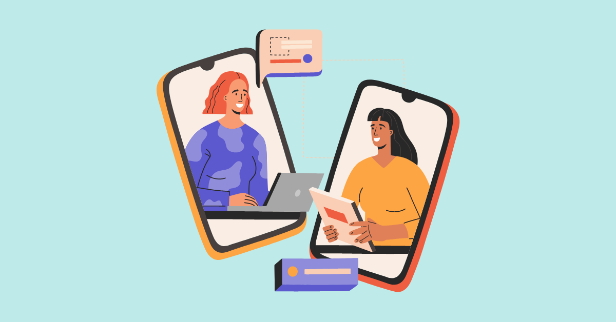 Cartoon image of a virtual job interview being conducted between two women