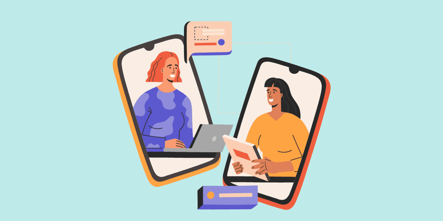 Cartoon image of a virtual job interview being conducted between two women