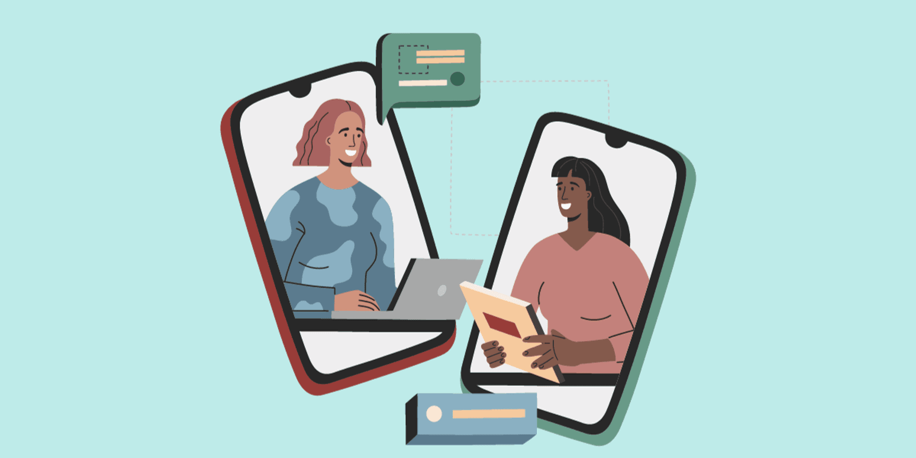 Cartoon image of a virtual job interview being conducted using AI recruiting