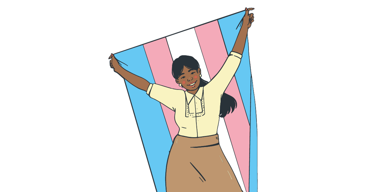Cartoon image of a woman holding a transgender pride flag