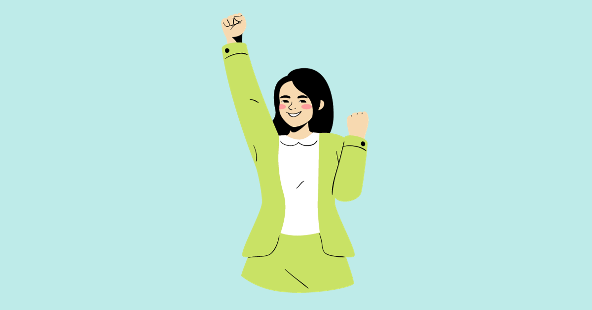 Cartoon image of a woman in a lime green suit raising a fist above her head in excitement
