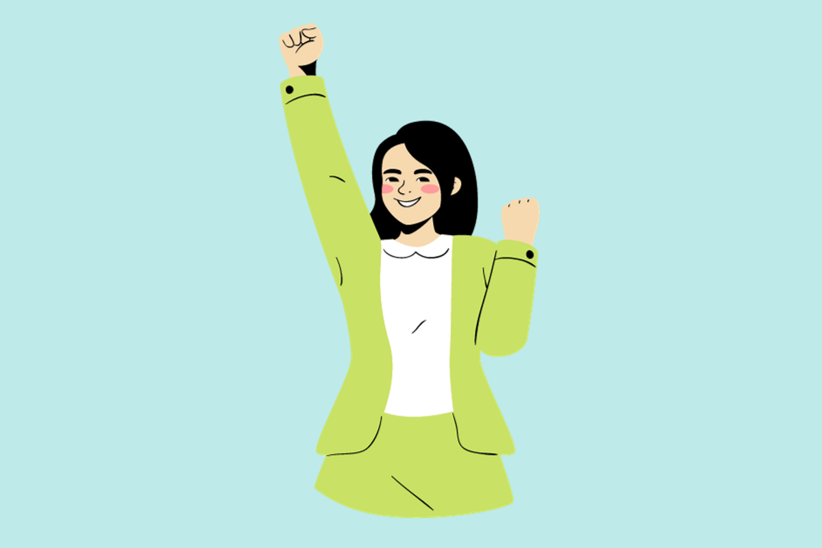 Cartoon image of a woman in a lime green suit raising a fist above her head in excitement