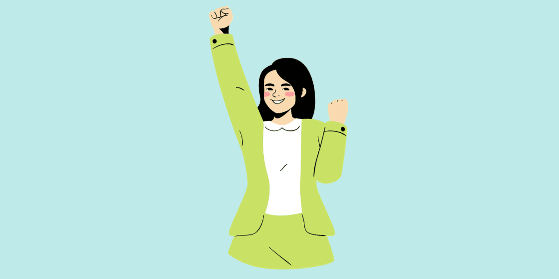 Cartoon image of a woman in a lime green suit raising a fist above her head in excitement