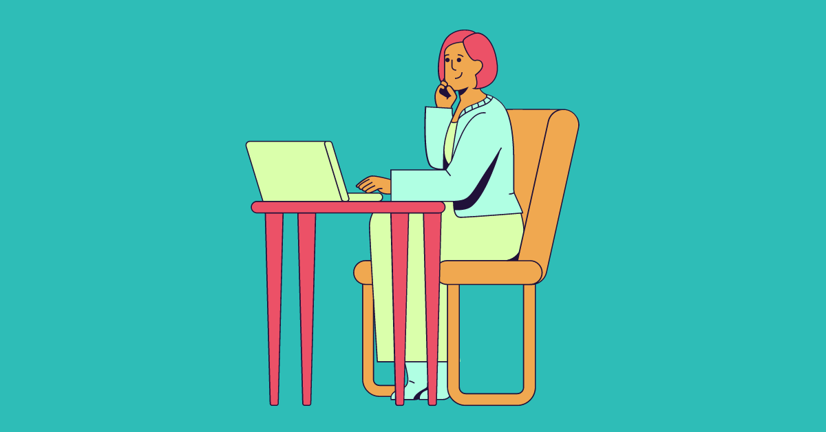 Cartoon image of a woman on her laptop learning how to use generative AI for talent acquisition