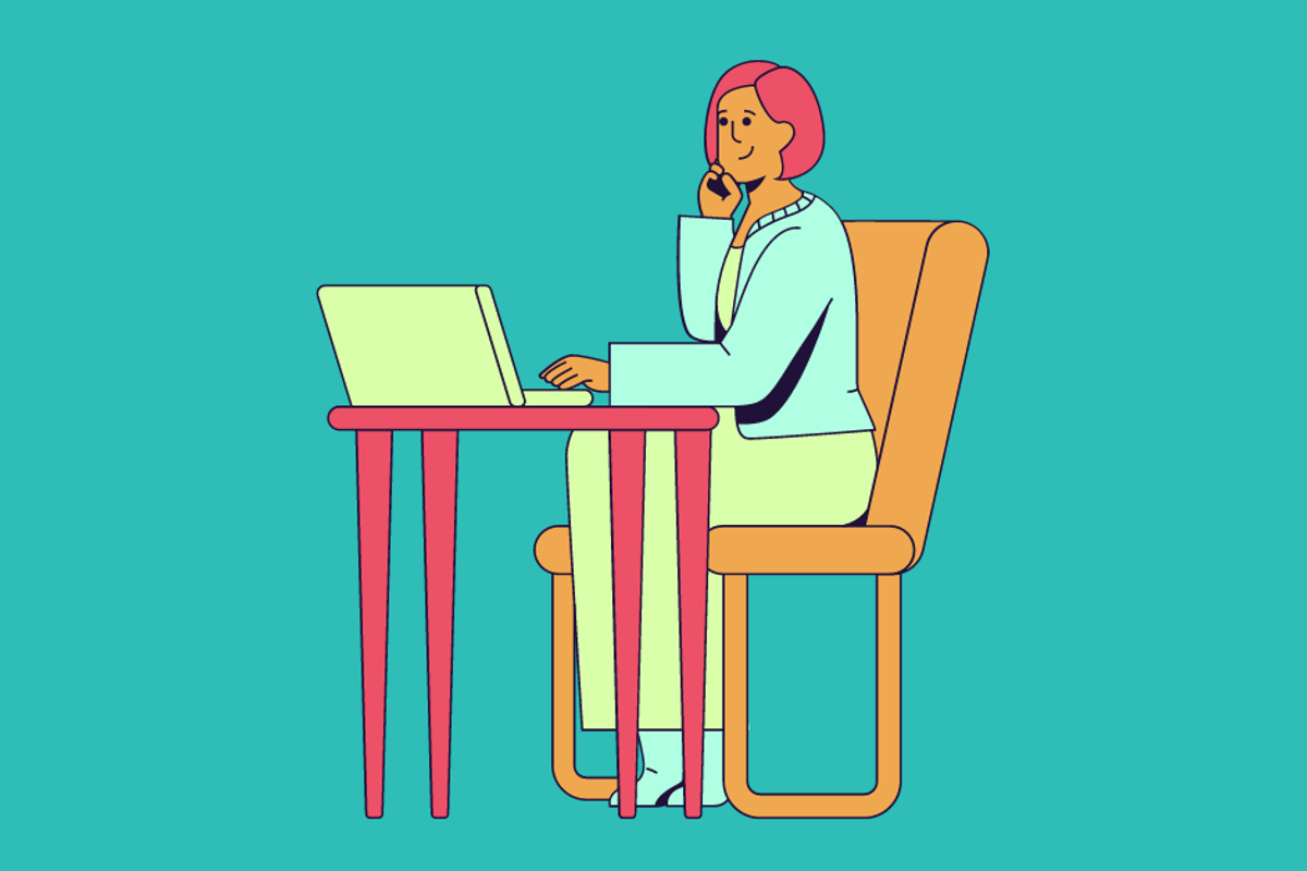 Cartoon image of a woman on her laptop learning how to use generative AI for talent acquisition
