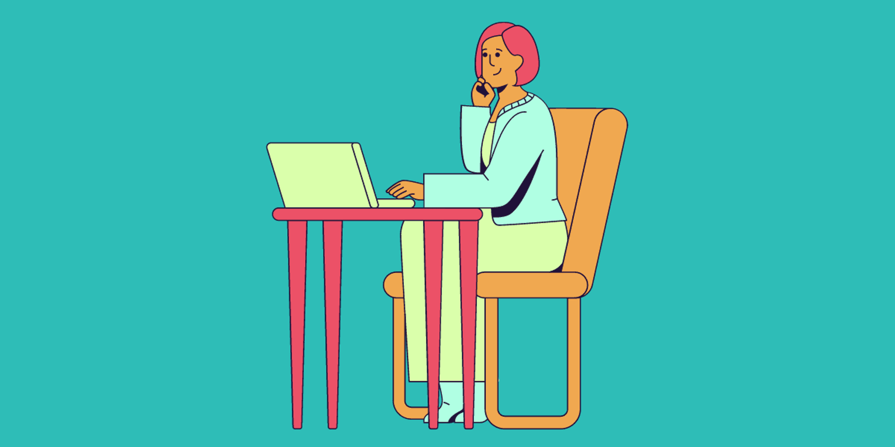 Cartoon image of a woman on her laptop learning how to use generative AI for talent acquisition