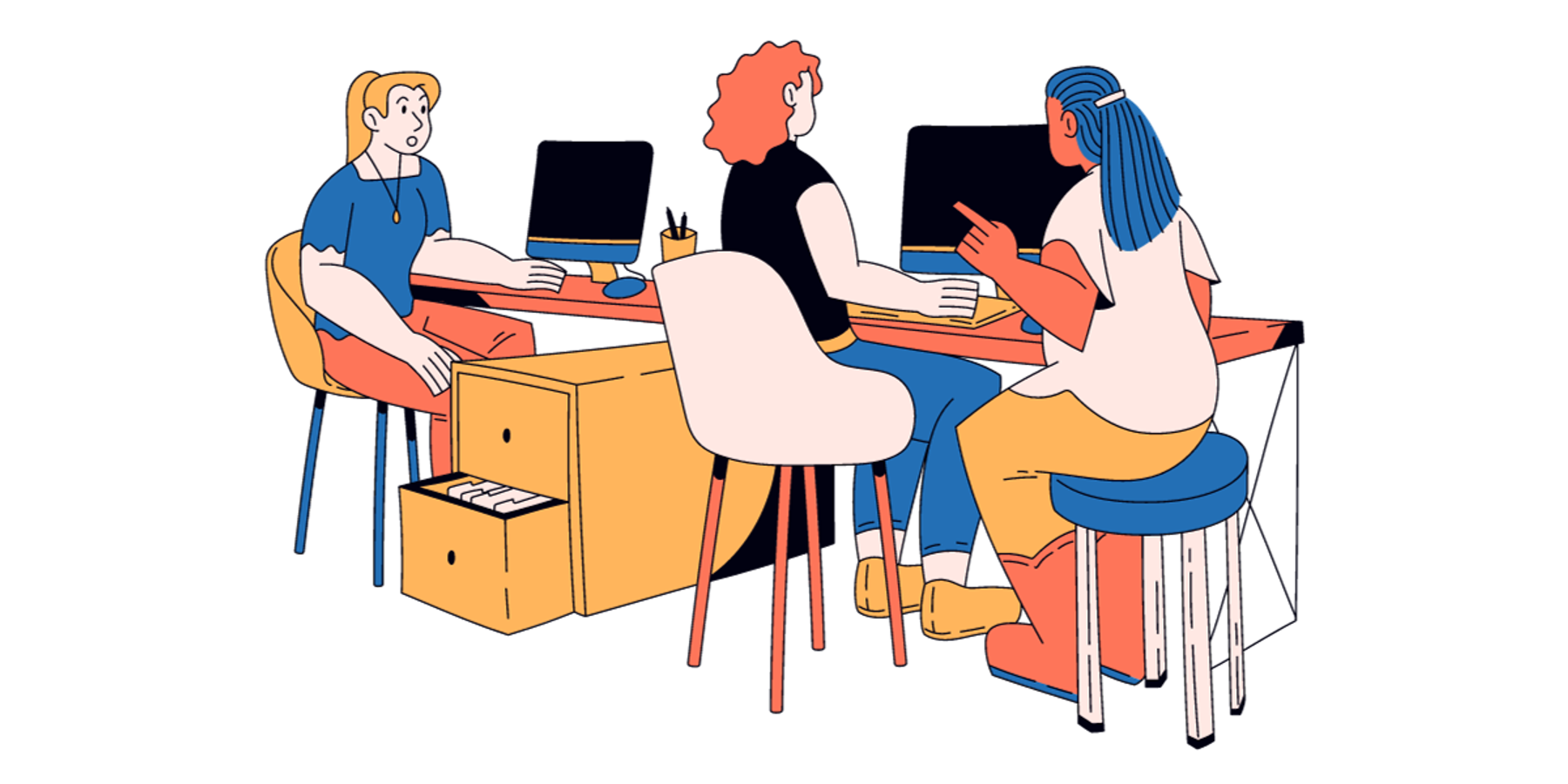 Cartoon image of a woman reacting to something another woman is saying at work that involves a microaggression