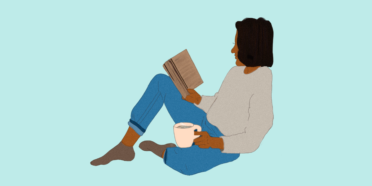 Cartoon image of a woman reading a professional development book and drinking coffee
