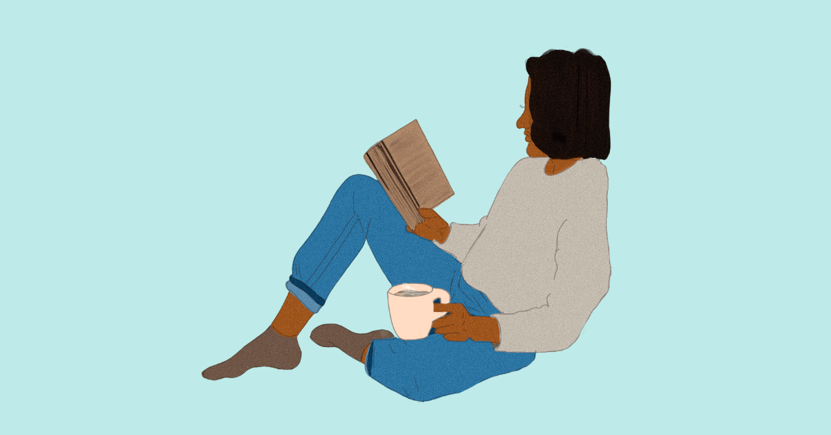Cartoon image of a woman reading a professional development book and drinking coffee