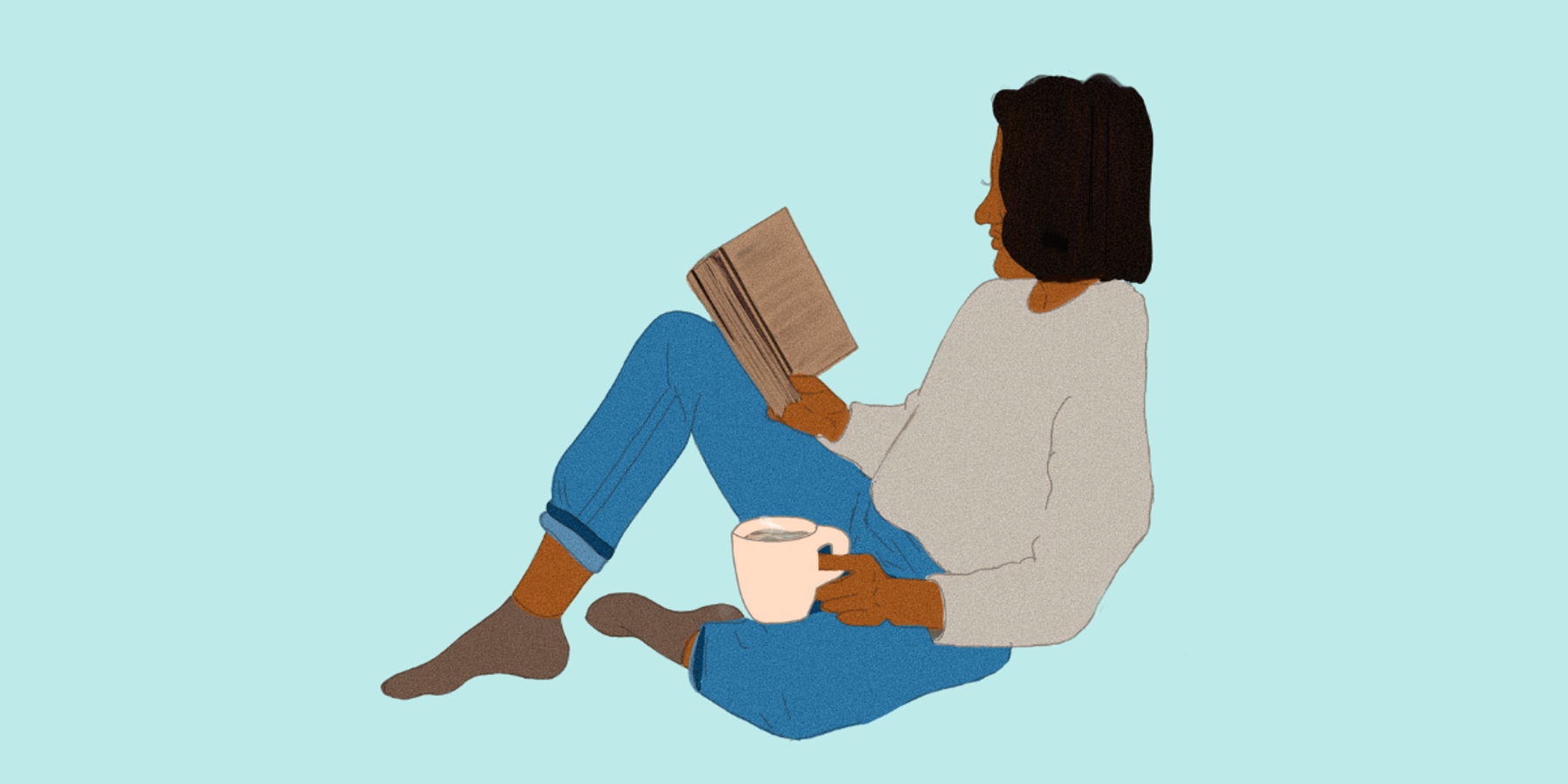 Cartoon image of a woman reading a professional development book and drinking coffee