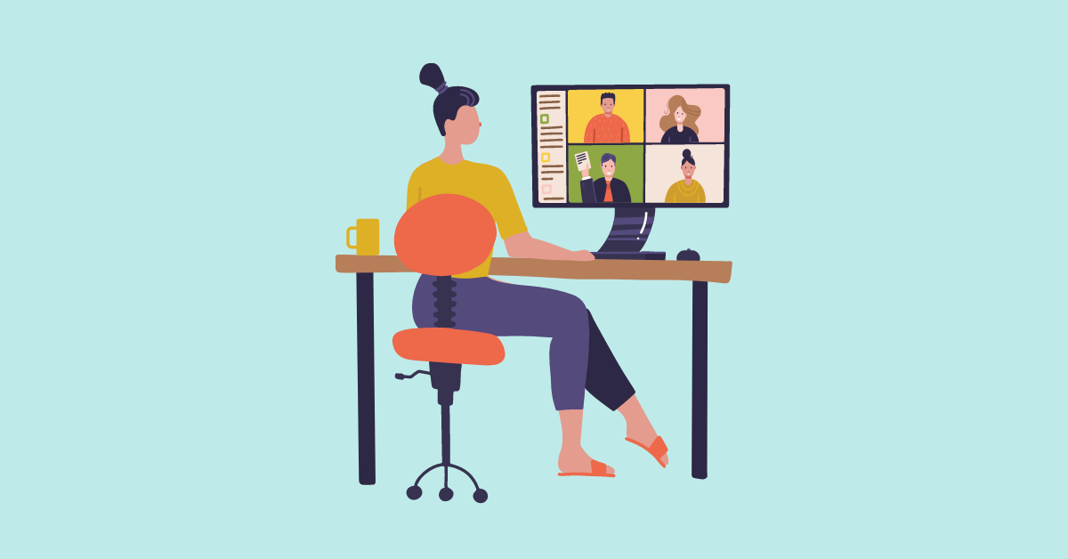 Cartoon image of a woman sitting at a desk and attending a virtual diversity conference