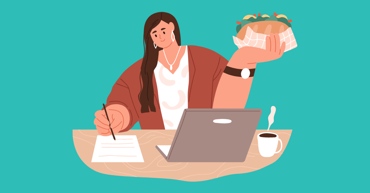 Cartoon image of a woman taking notes at her remote job while eating lunch