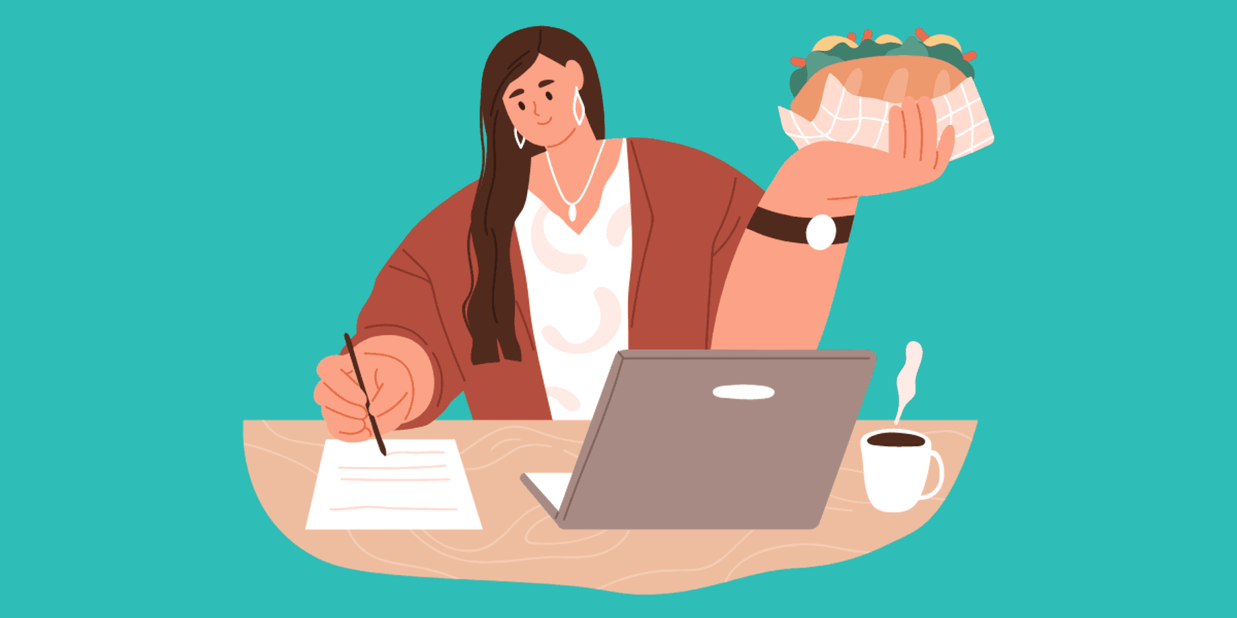 Cartoon image of a woman taking notes at her remote job while eating lunch