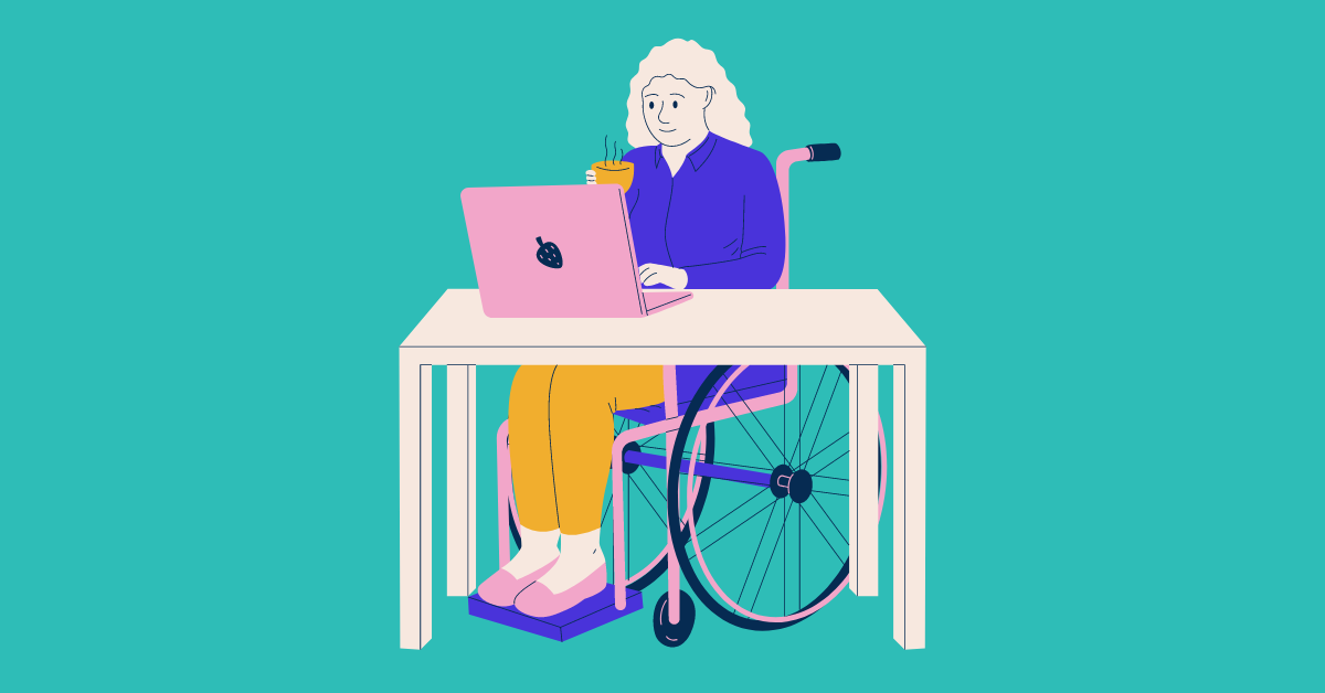 Cartoon image of a woman who uses a wheelchair learning about the difference between equity vs equality