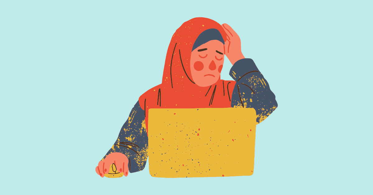 Cartoon image of an anxious woman wearing a hijab on her work laptop