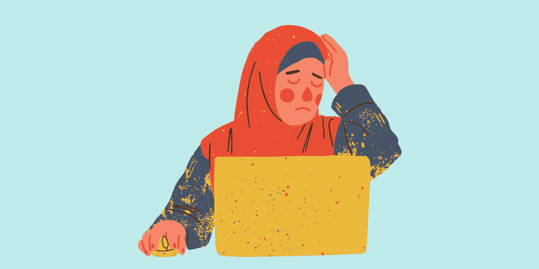 Cartoon image of an anxious woman wearing a hijab on her work laptop