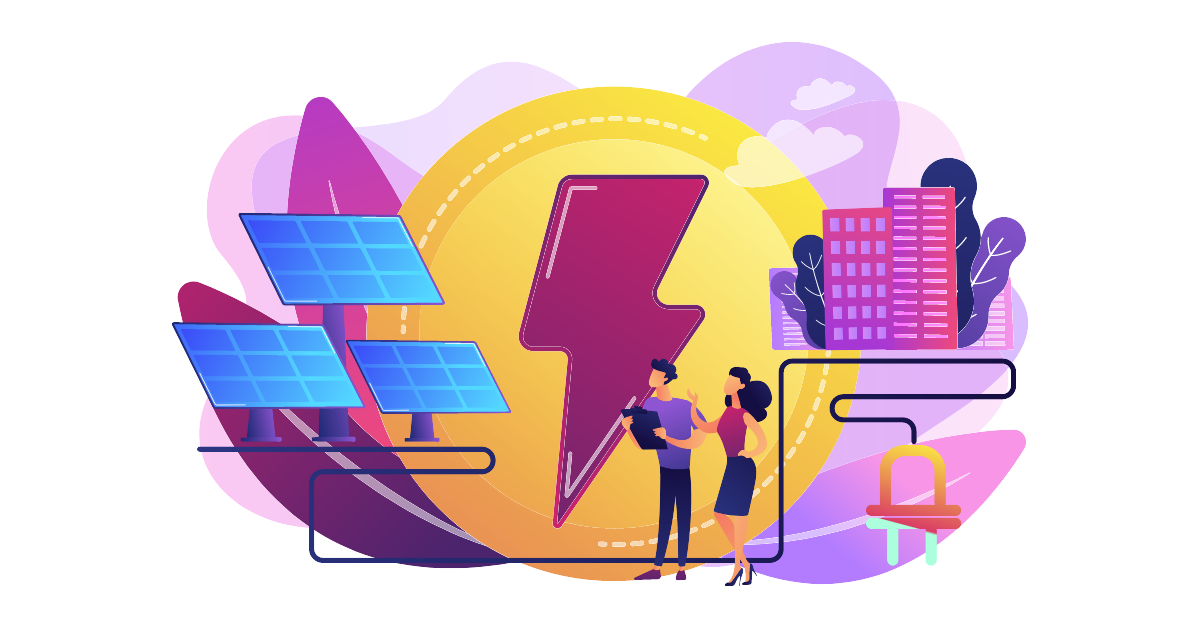 Cartoon image of colleagues who work in the energy sector looking at solar panels
