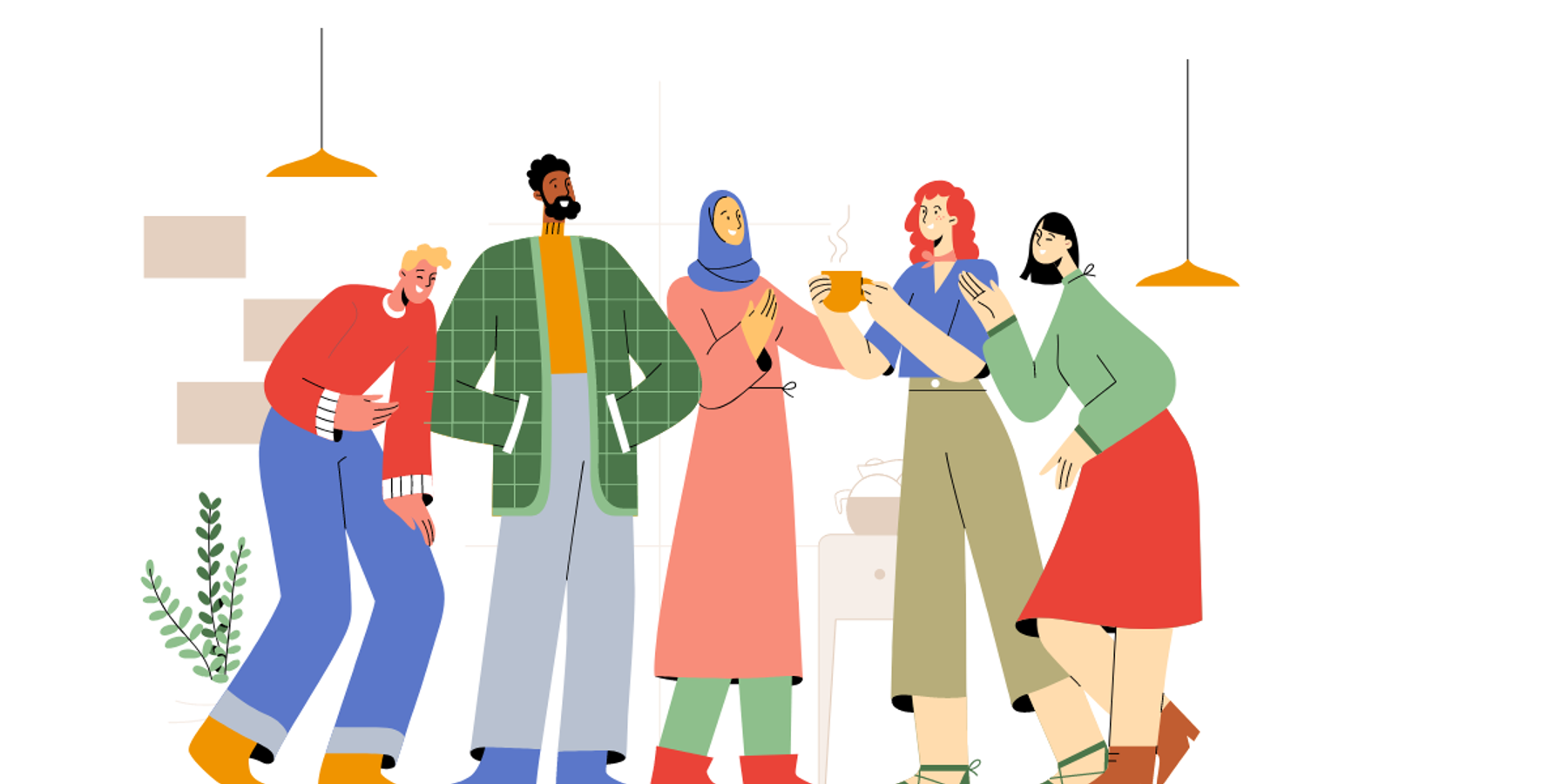 Cartoon image of coworkers gathering for an inclusive holiday party